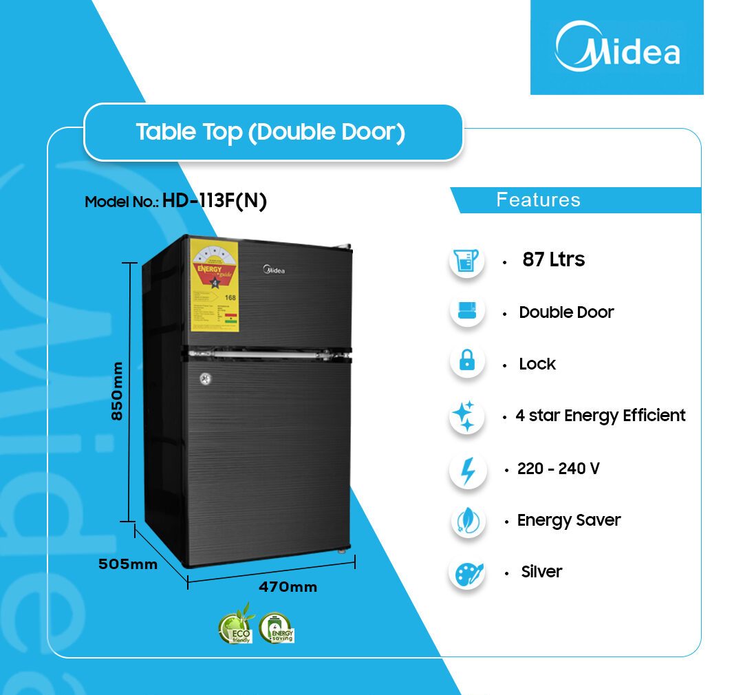 Midea 87L Double Door Table Top Refrigerator (HD-113F(N)) - view 2