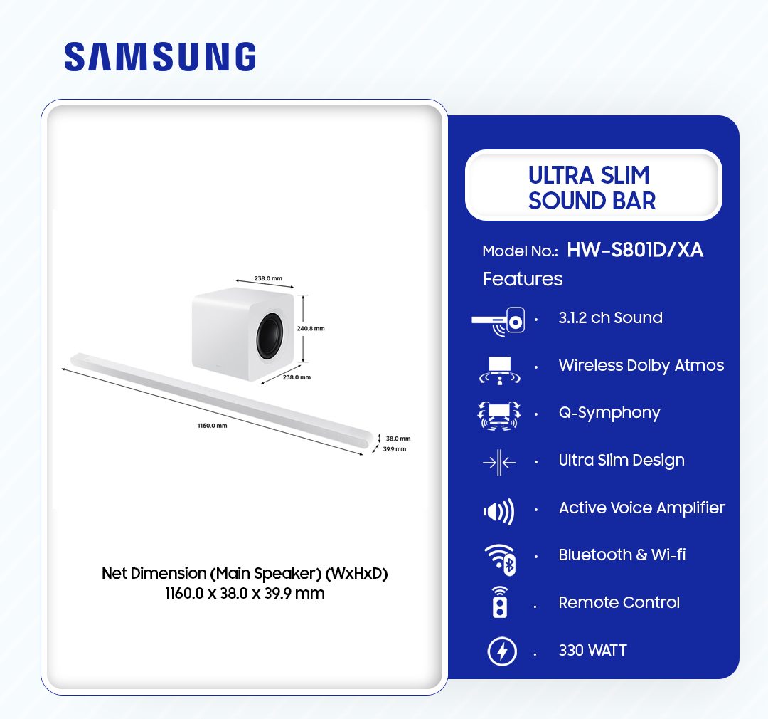 Samsung 330W Ultra Slim Soundbar - White (HW-S801D/XA) - view 2