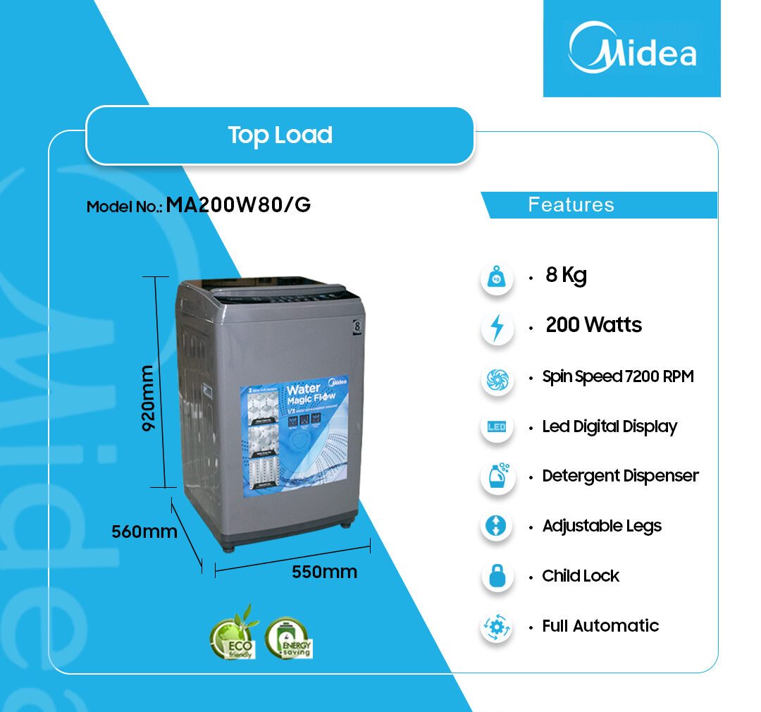 Midea 8kg Top Load Washing Machine (MA200W80/G) - view 2