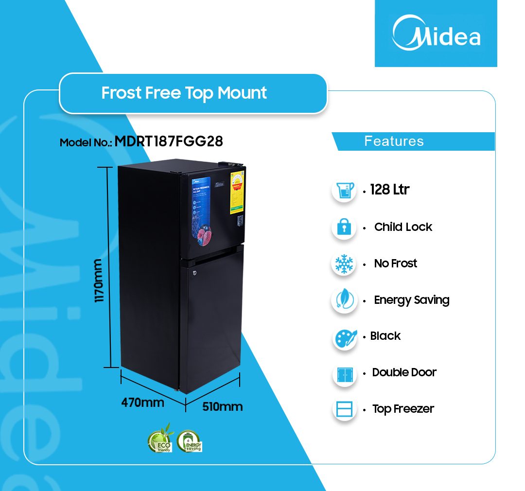 Midea 128L Top Freezer Refrigerator (MDRT187FGG28) - view 2