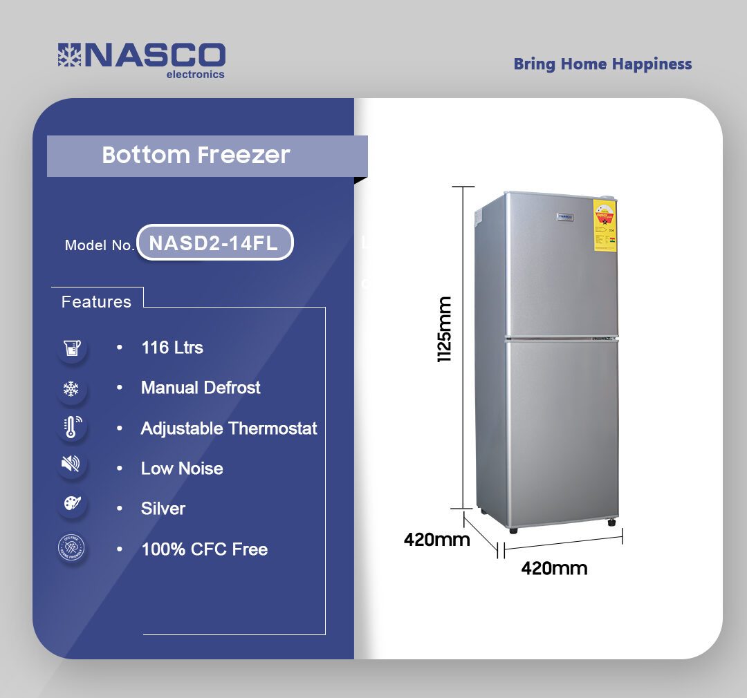 Nasco 116L Bottom Freezer Refrigerator (NASD2-14FL) - view 2