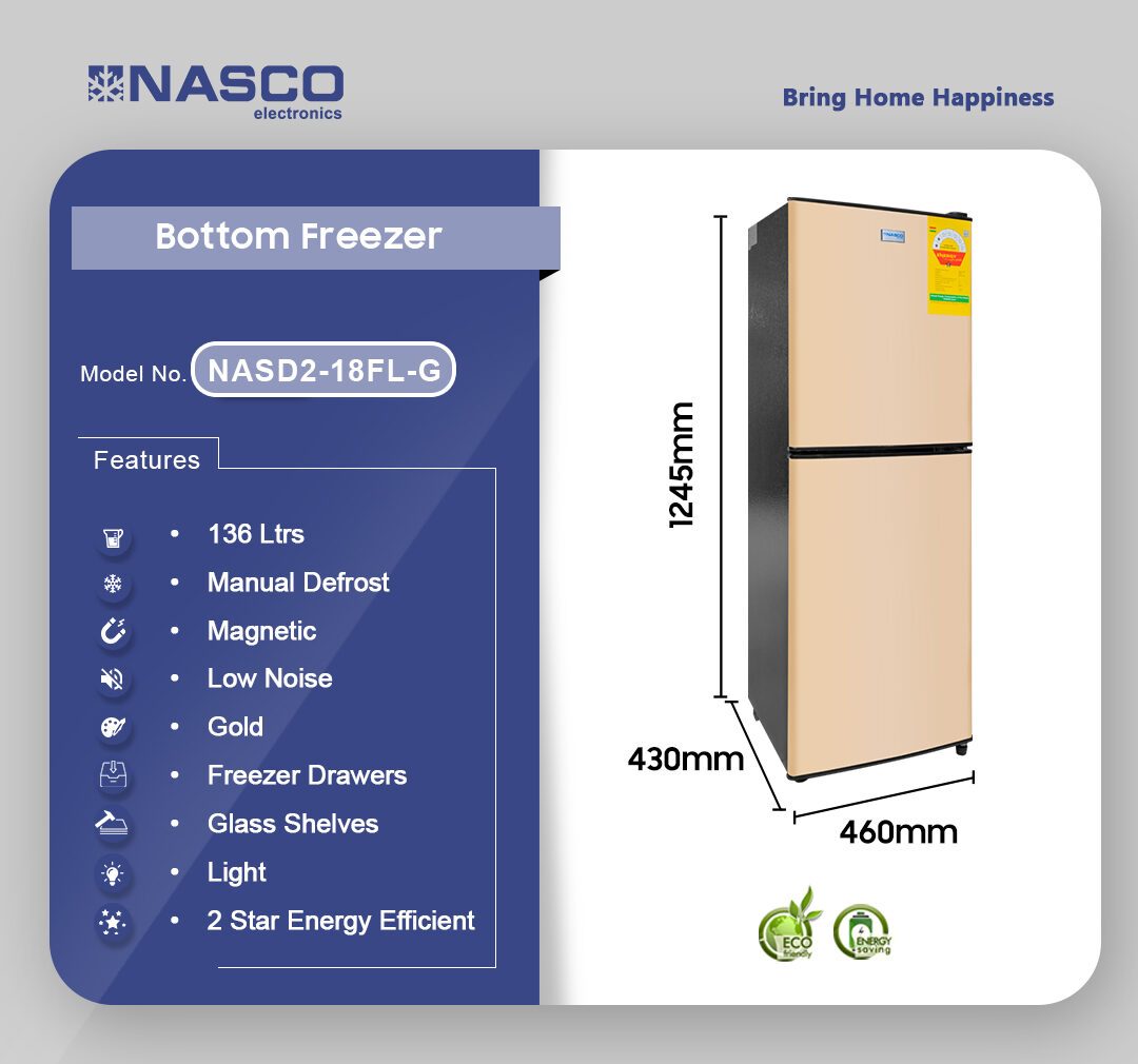 Nasco 136L Bottom Freezer Refrigerator (NASD2-18Fl-G) - view 2