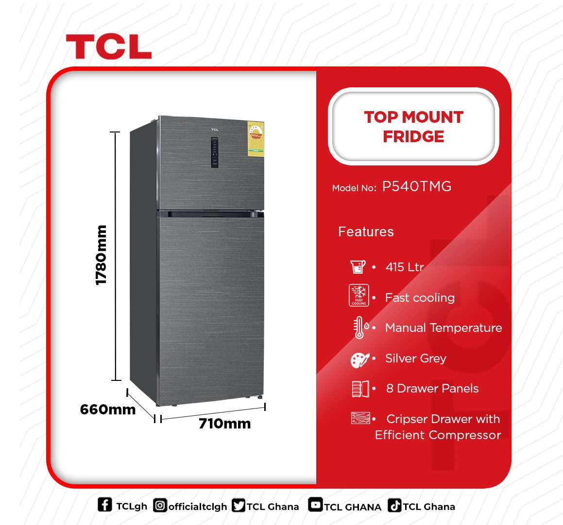 TCL 415L Top Mount Refrigerator (P540TMG) - view 2