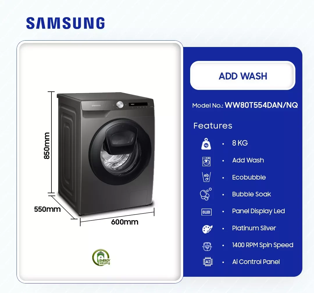 Samsung 8kg AddWash Front Load Washing Machine (WW80T554DAN/NQ) - view 2